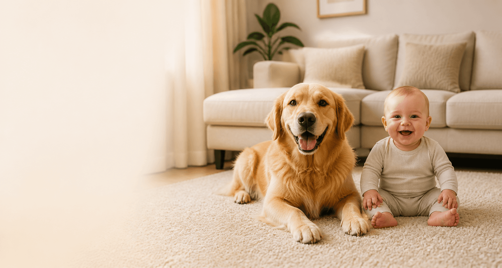 Bebê e cachorro em uma sala limpa